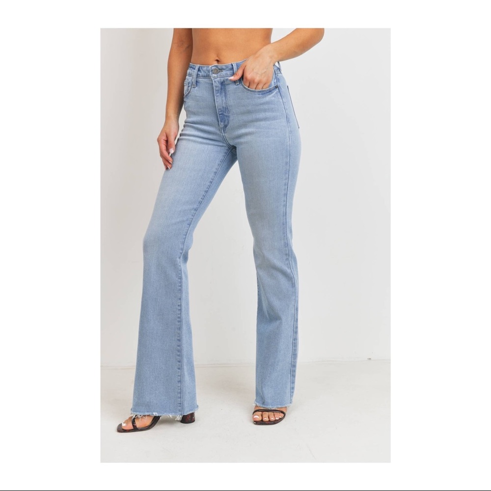 just black high rise flare with scissor cut hem